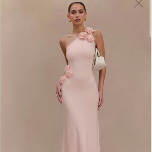 MESHKI Paloma One Shoulder Knit Maxi Dress With Flowers Baby Pink